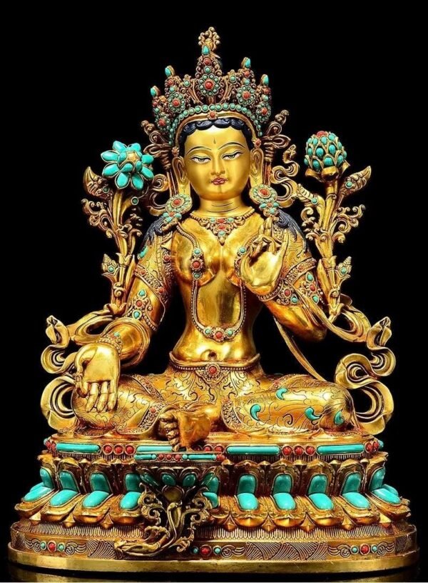 Full Gilded Green Tara Statue | Copper Buddhist Deity with Gem Inlay