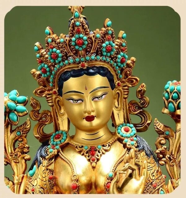 Full Gilded Green Tara Statue | Copper Buddhist Deity with Gem Inlay
