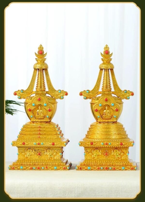 Gold Gilt Brass Buddhist Stupa Pagoda | Tibetan Relic Tower | Sacred Altar & Meditation Home Decor