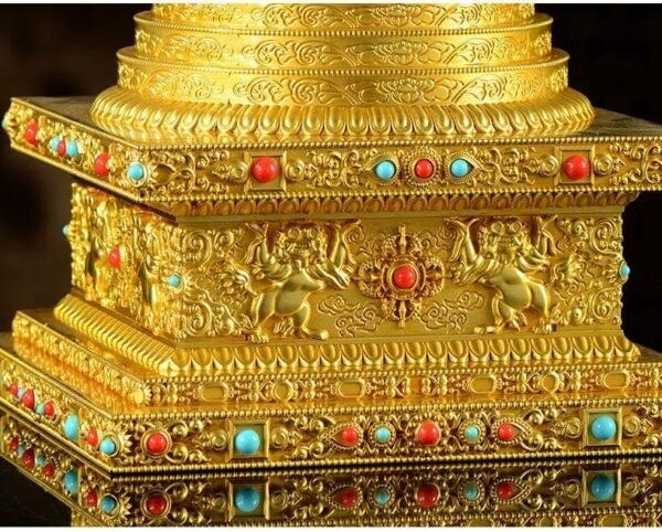 Gold Gilt Brass Buddhist Stupa Pagoda | Tibetan Relic Tower | Sacred Altar & Meditation Home Decor