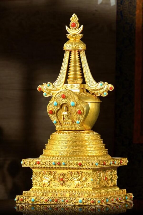 Gold Gilt Brass Buddhist Stupa Pagoda | Tibetan Relic Tower | Sacred Altar & Meditation Home Decor