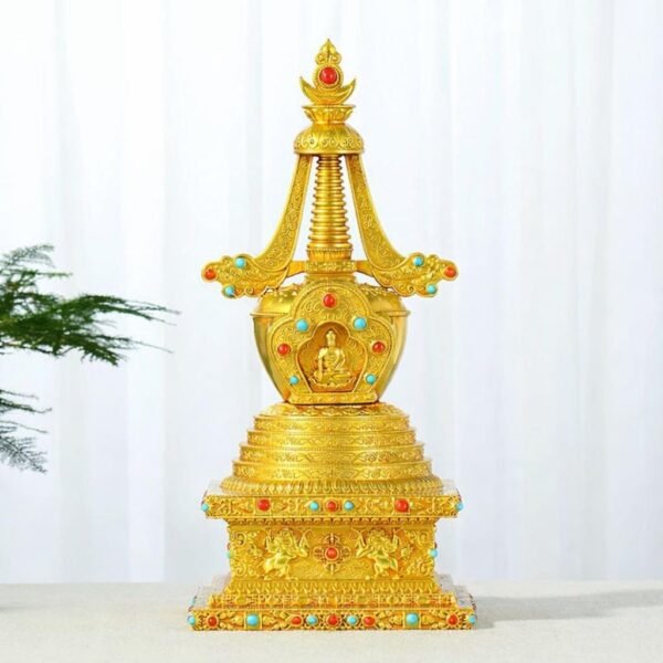 Gold Gilt Brass Buddhist Stupa Pagoda | Tibetan Relic Tower | Sacred Altar & Meditation Home Decor
