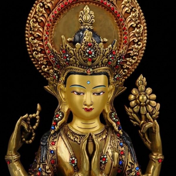 Tibetan Four-Armed Chenrezig Statue - 10" Bronze Avalokiteshvara Buddha Figurine for Home Altar Sacred Buddhist Decor