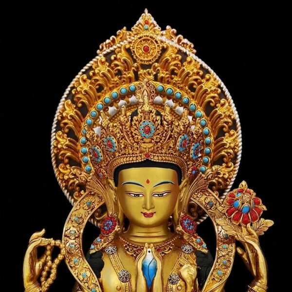 Nepali Handmade 24k Gold Gilded Four-Armed Chenrezig Statue - Tibetan Avalokiteshvara Buddha - Copper Buddhist Altar Decor - Spiritual Gift