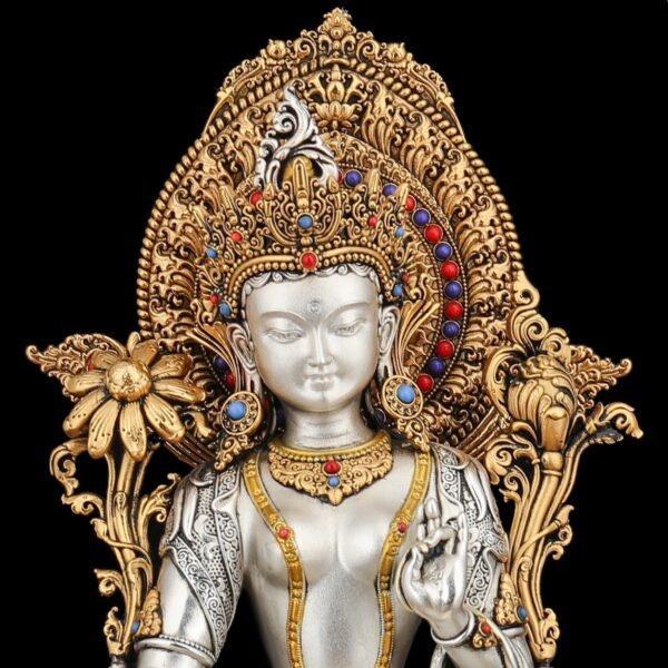 Nepali Green Tara Statue, Silver Plated Gold Gilded Copper Bodhisattva, Tibetan Buddhist Home Altar Decor, White Tara Blessing Sculpture