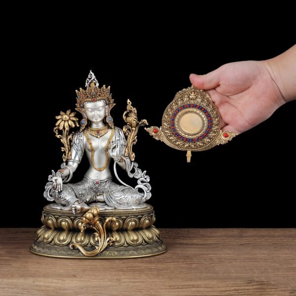 Nepali Green Tara Statue, Silver Plated Gold Gilded Copper Bodhisattva, Tibetan Buddhist Home Altar Decor, White Tara Blessing Sculpture