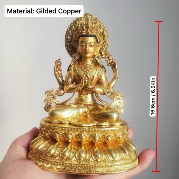 Gilded Copper Four Armed Avalokiteshvara Statue, Nepalese Buddha Figurine, Painted Chenrezig Bodhisattva Deity Altarpiece Home Decor Gift