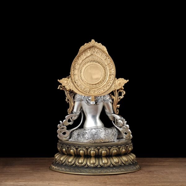 Nepali Green Tara Statue, Silver Plated Gold Gilded Copper Bodhisattva, Tibetan Buddhist Home Altar Decor, White Tara Blessing Sculpture