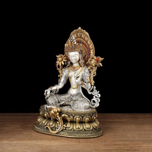 Nepali Green Tara Statue, Silver Plated Gold Gilded Copper Bodhisattva, Tibetan Buddhist Home Altar Decor, White Tara Blessing Sculpture