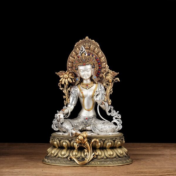 Nepali Green Tara Statue, Silver Plated Gold Gilded Copper Bodhisattva, Tibetan Buddhist Home Altar Decor, White Tara Blessing Sculpture