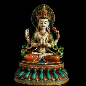 Gilded Copper Four Armed Avalokiteshvara Statue, Nepalese Buddha Figurine, Painted Chenrezig Bodhisattva Deity Altarpiece Home Decor Gift