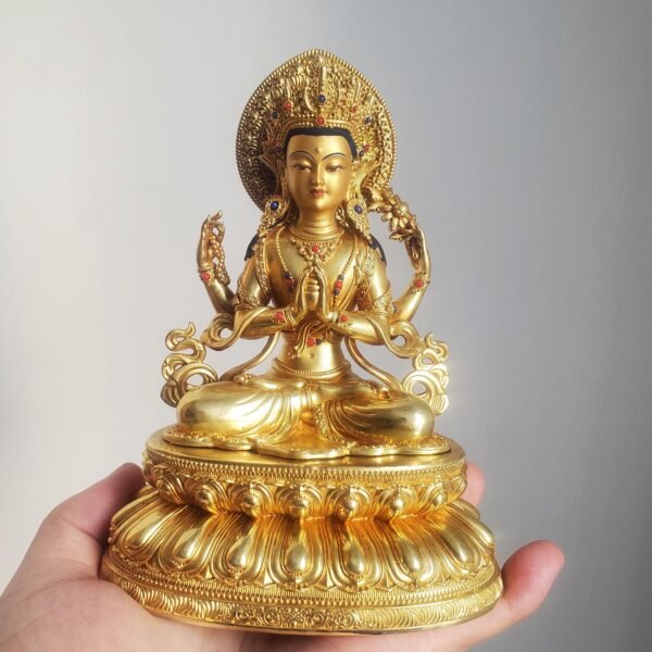 Gilded Copper Four Armed Avalokiteshvara Statue, Nepalese Buddha Figurine, Painted Chenrezig Bodhisattva Deity Altarpiece Home Decor Gift