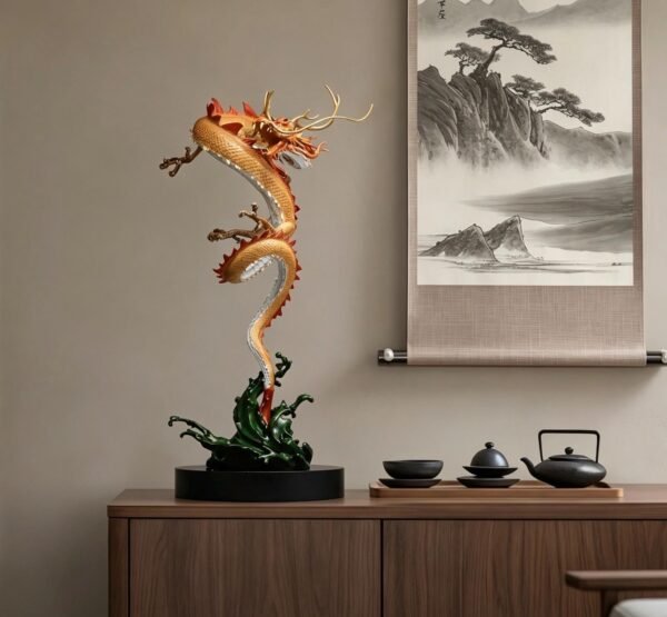 Chinese Brass Dragon Statue, Feng Shui Water Dragon Sculpture for Wealth, Neo-Chinese Living Room Decor, Luxury Office Desk Gift