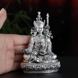 Padmasambhava Statue Guru Rinpoche Tibetan Buddhist Buddha, Silver Plated White Copper Guru Rinpoche Figurine, Altar Shrine Meditation Decor