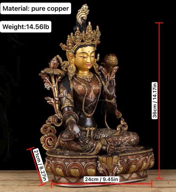 14 Inch Green Tara Statue, Nepalese Handmade Copper Gilt Silver Tara, Tibetan Buddhist Goddess, Feng Shui Altar Decor, Healing Mother Buddha