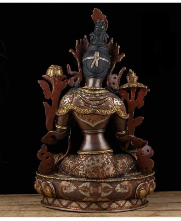 14 Inch Green Tara Statue, Nepalese Handmade Copper Gilt Silver Tara, Tibetan Buddhist Goddess, Feng Shui Altar Decor, Healing Mother Buddha