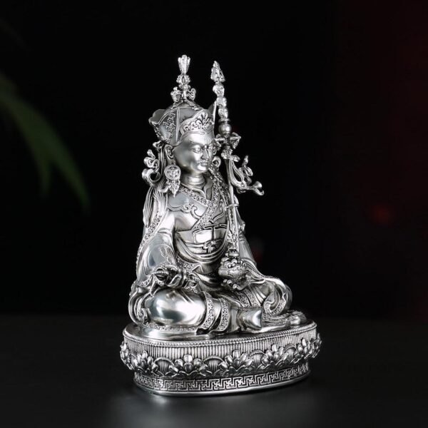 Padmasambhava Statue Guru Rinpoche Tibetan Buddhist Buddha, Silver Plated White Copper Guru Rinpoche Figurine, Altar Shrine Meditation Decor