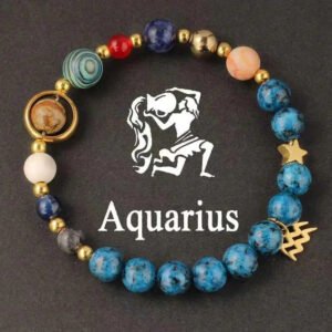 zodiac-planet-energy-bracelets-wiaugem Aquarius zodiac energy bracelet with blue beaded strand and gold star charm, round medallion